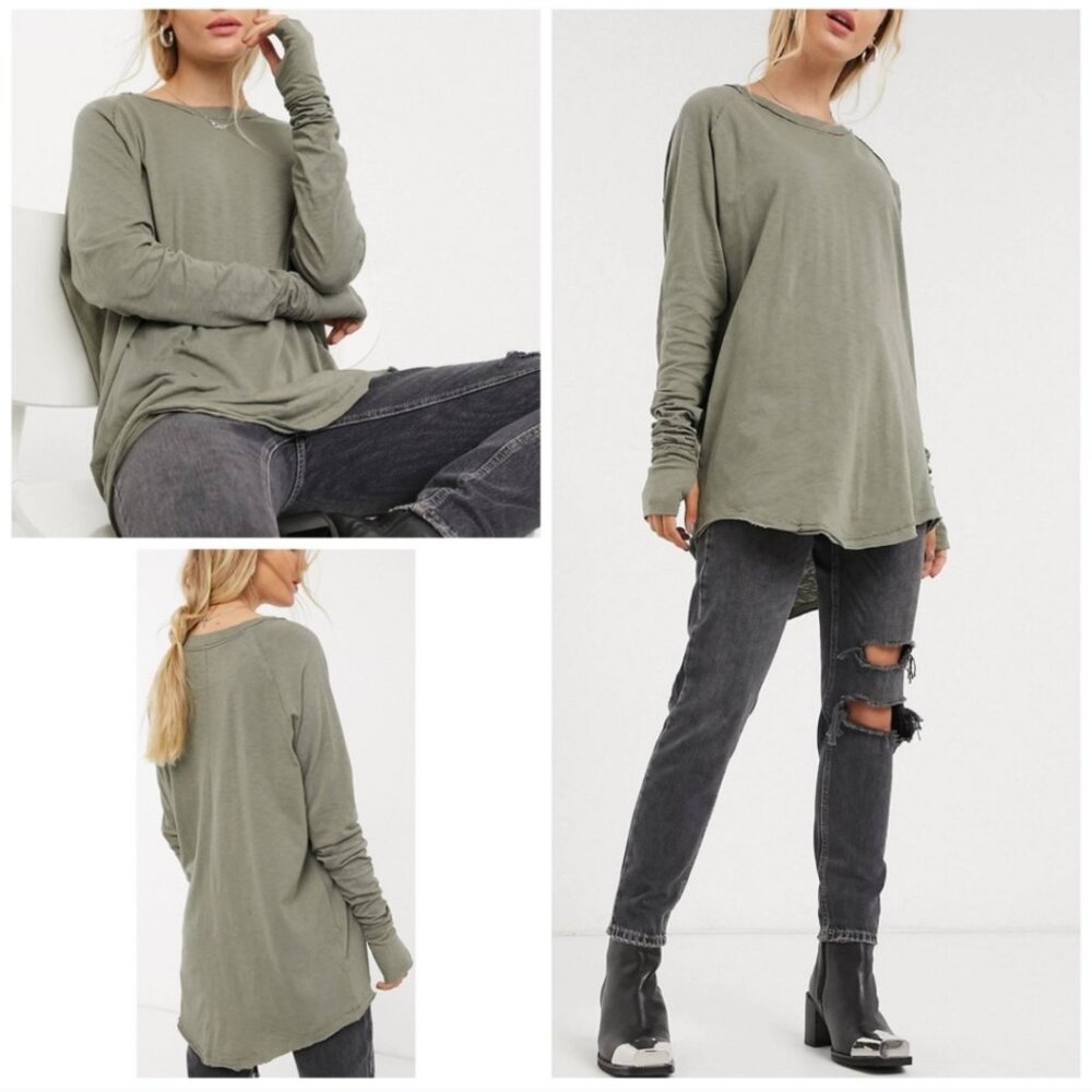 NWT FREE PEOPLE We The Free Washed Army Green ARDEN Longsleeve Tee